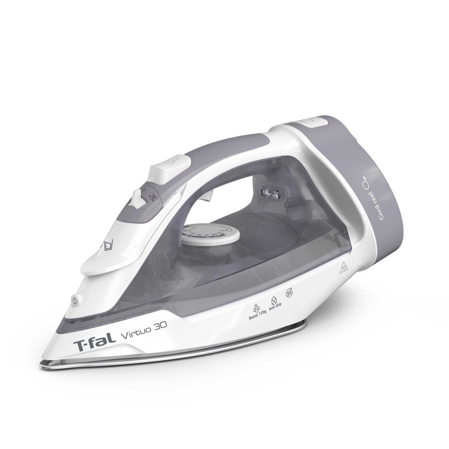 T-Fal Virtuo Steam Iron front view shows sleek grey design for quick wrinkle removal.