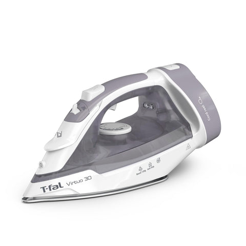 T-Fal Virtuo Steam Iron front view shows sleek grey design for quick wrinkle removal.