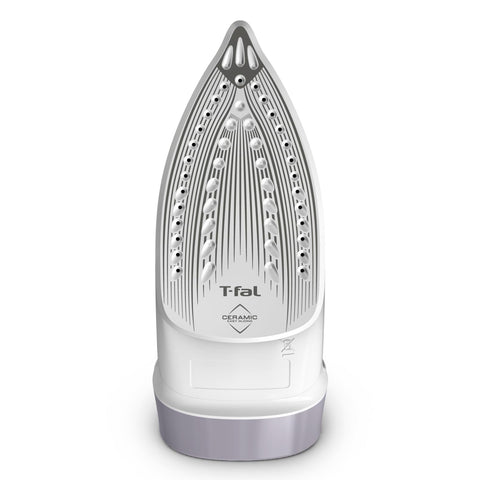 T-Fal Virtuo Steam Iron soleplate close-up highlights ceramic, scratch-resistant glide.