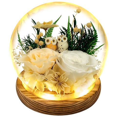 TGELATA preserved roses with owl decor on a wooden base for lasting elegance.