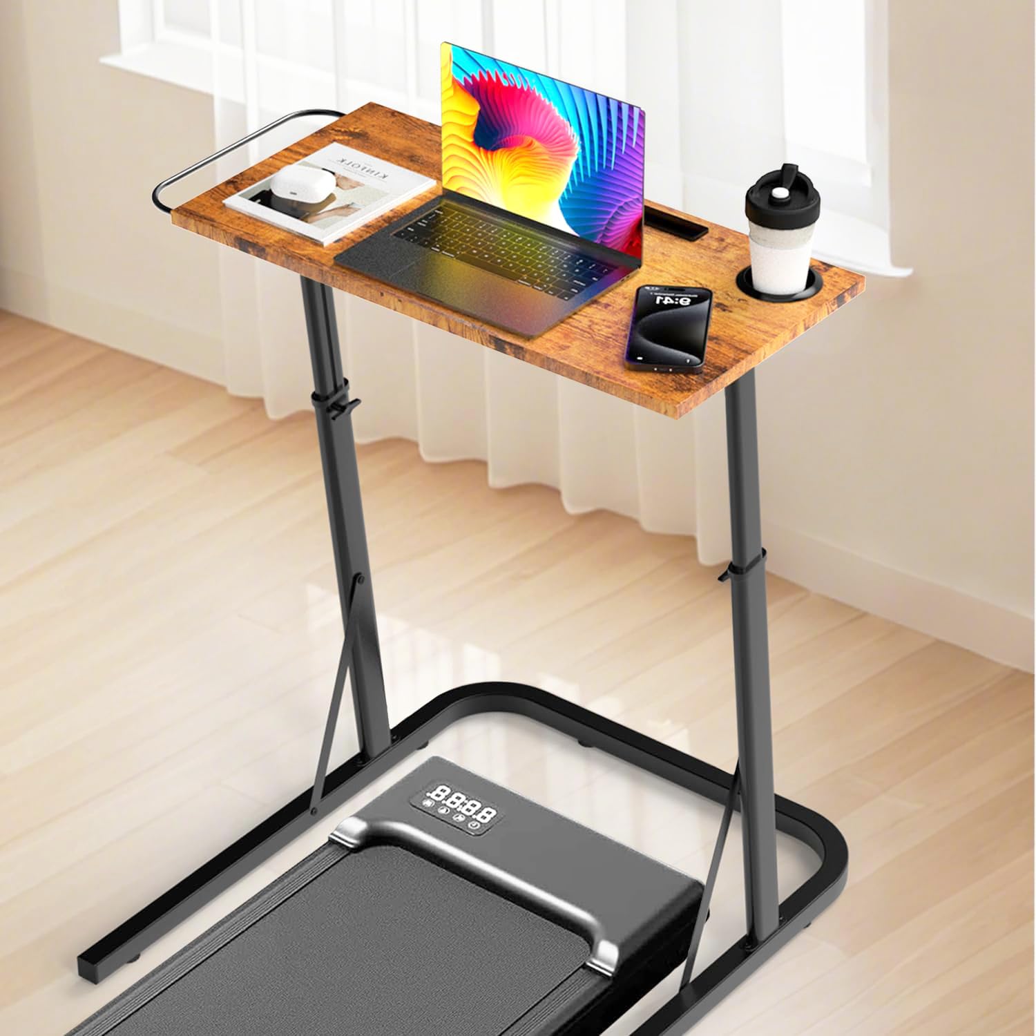 THAILE adjustable treadmill desk with wood top for ergonomic work while walking.