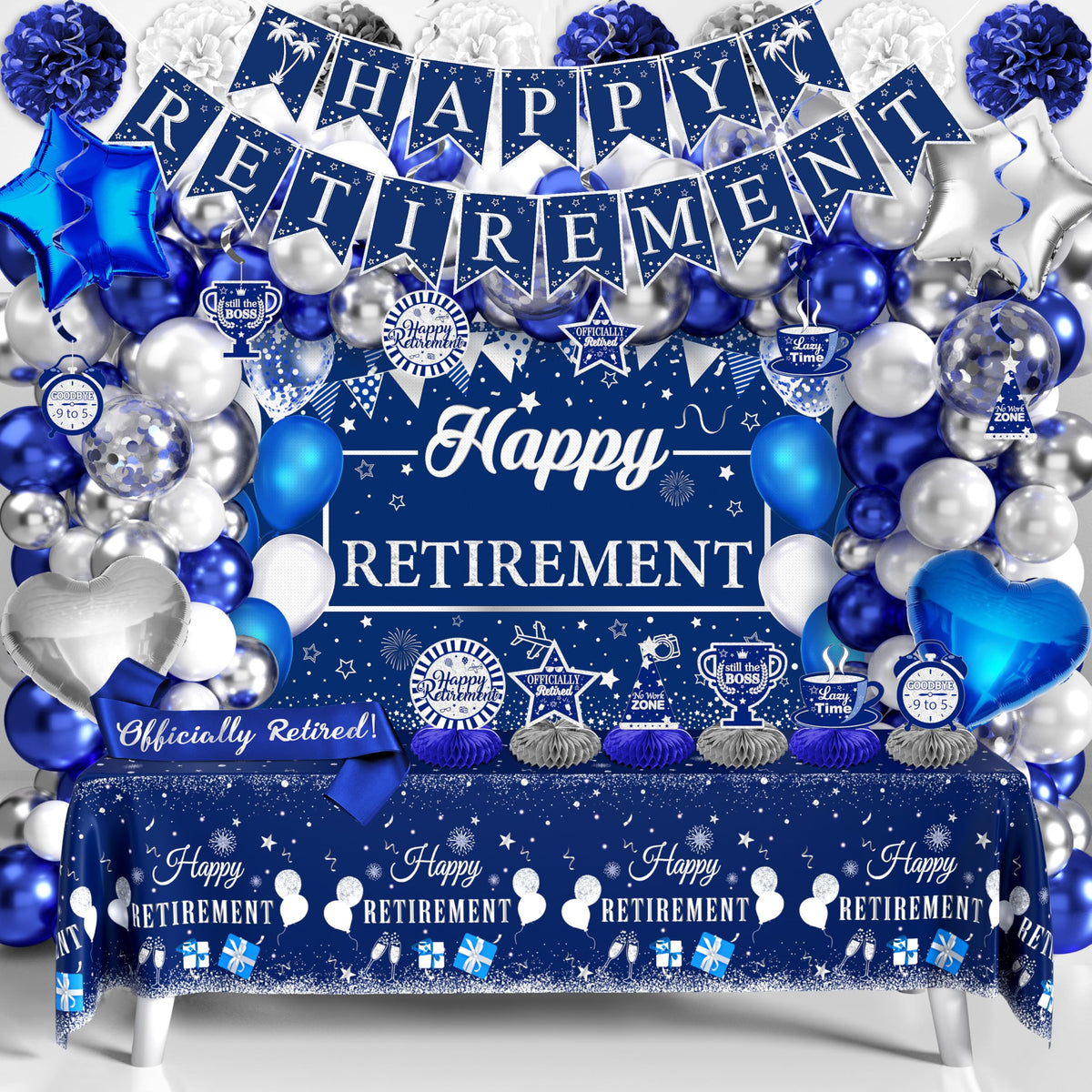 THAWAY blue silver retirement banner sets a festive mood for the party
