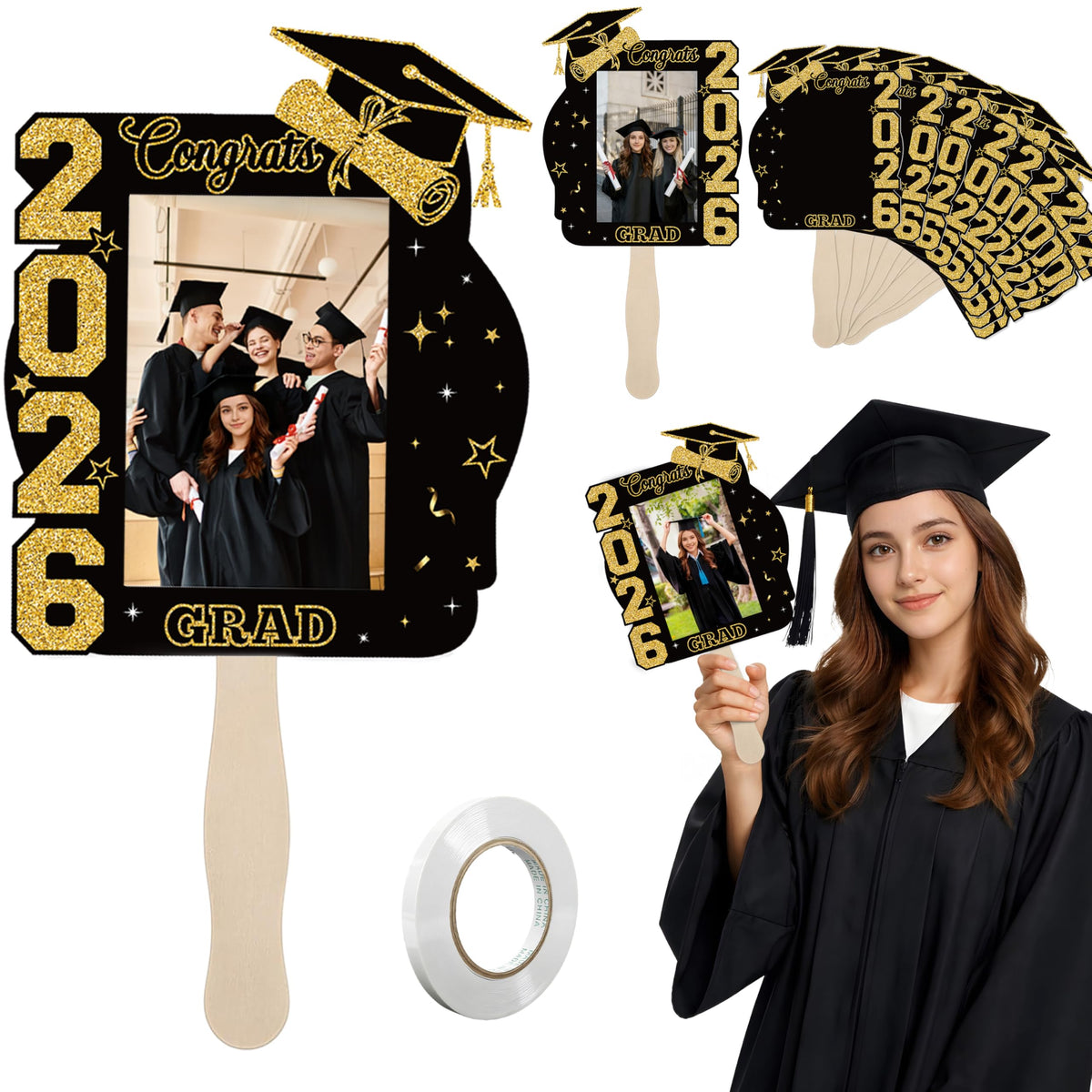 THAWAY graduation fans package contents with 24 units and tape for easy DIY personalization.