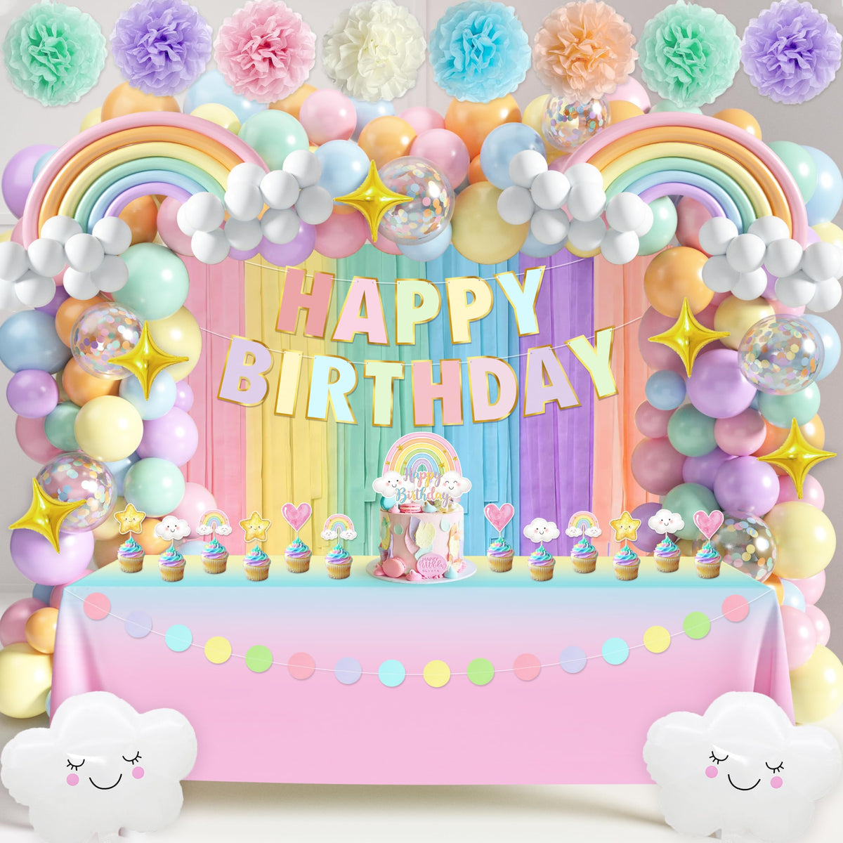 THAWAY pastel rainbow tablecloth adds a soft background for celebrations