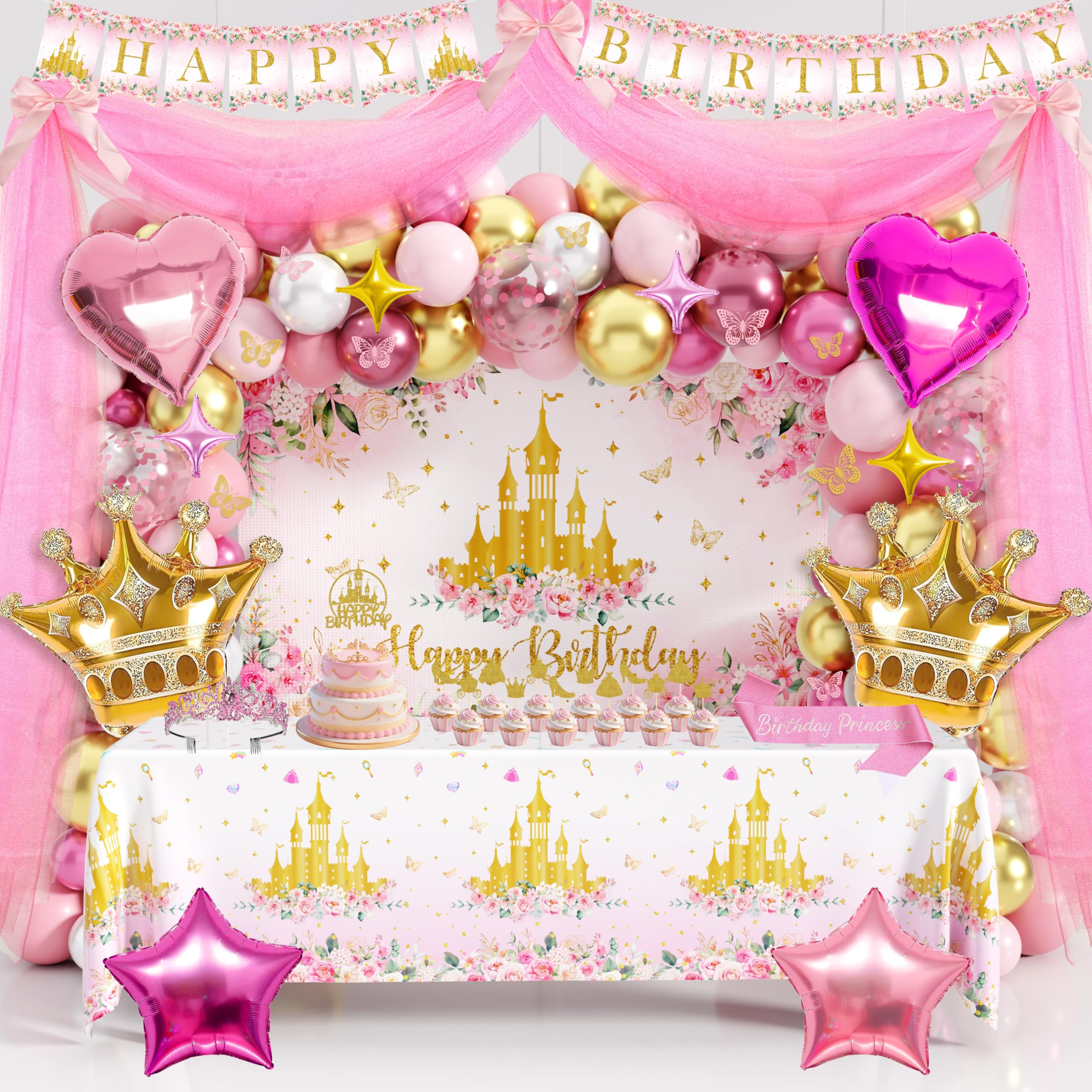 THAWAY princess birthday backdrop in pink and gold for a royal photo moment
