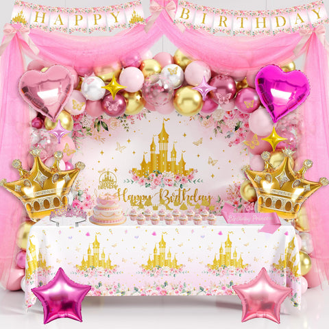THAWAY princess birthday backdrop in pink and gold for a royal photo moment