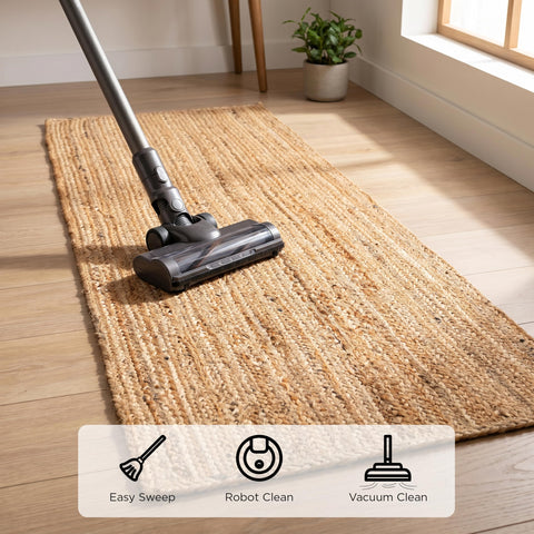 The Beer Valley braided texture hides minor dirt while complementing boho decor.