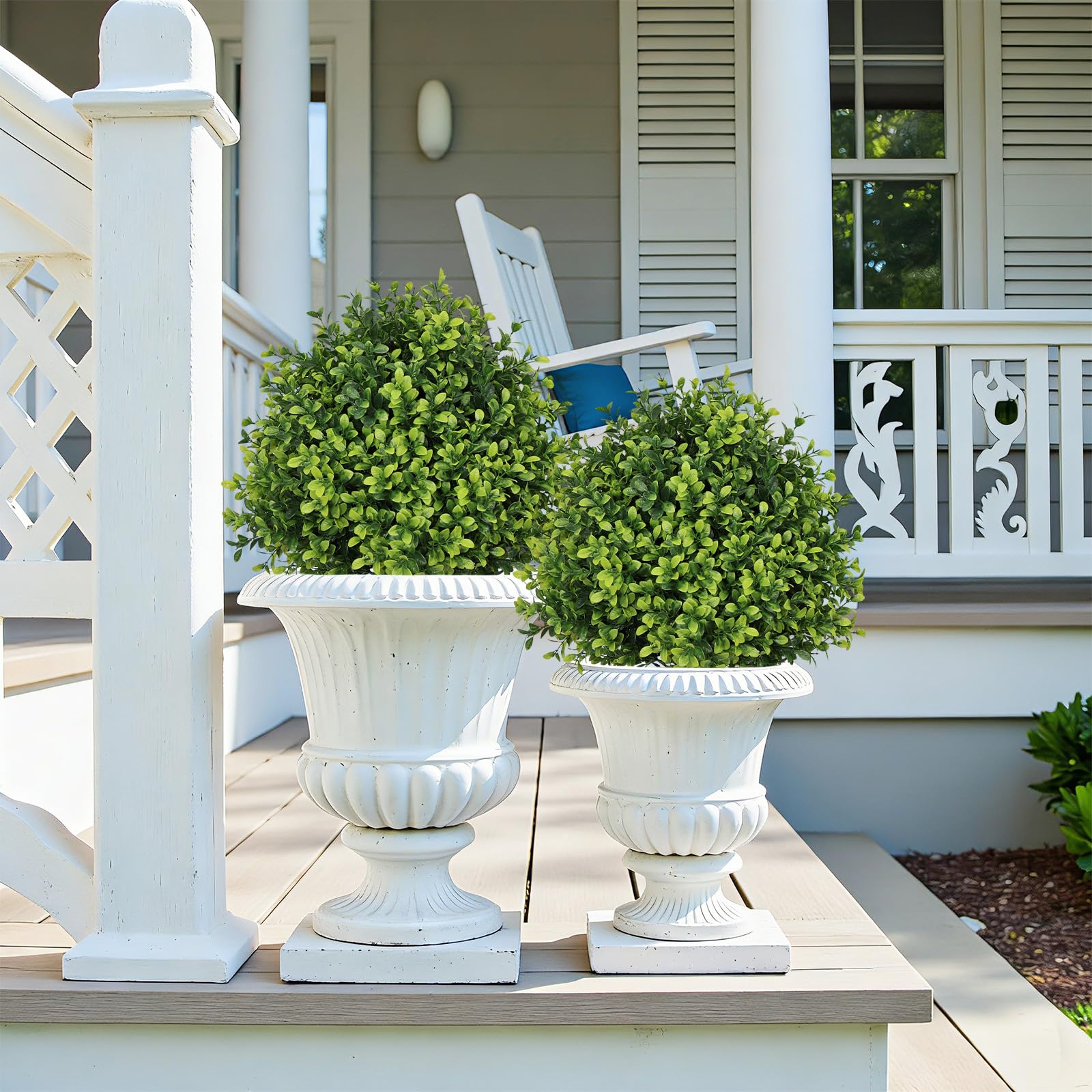 The Bloom Times two-pack boxwood topiaries for front porch appeal.
