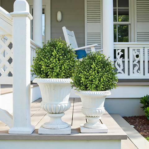 The Bloom Times two-pack boxwood topiaries for front porch appeal.