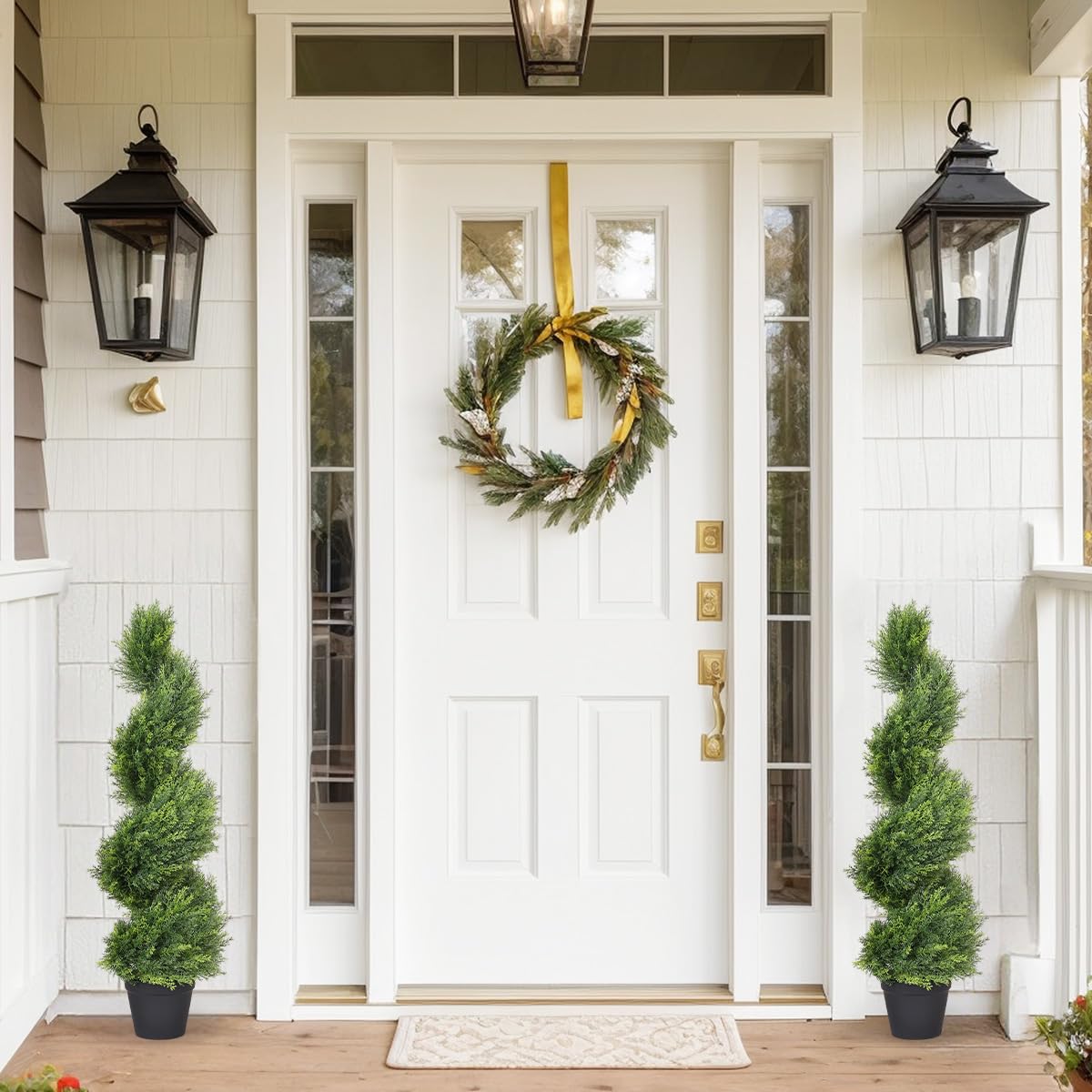 The Bloom Times outdoor topiary cedar spiral tree features UV-resistant foliage for long-lasting color