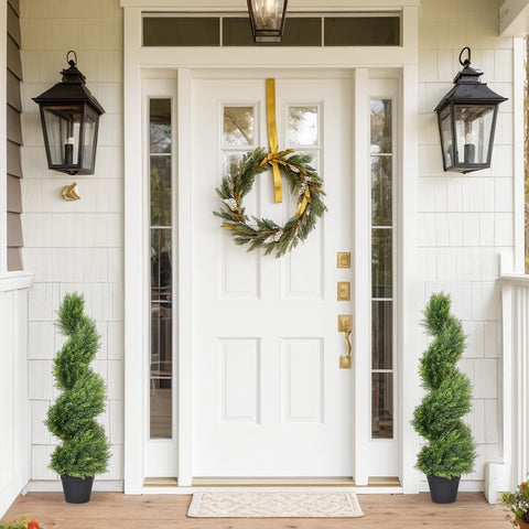 The Bloom Times outdoor topiary cedar spiral tree features UV-resistant foliage for long-lasting color