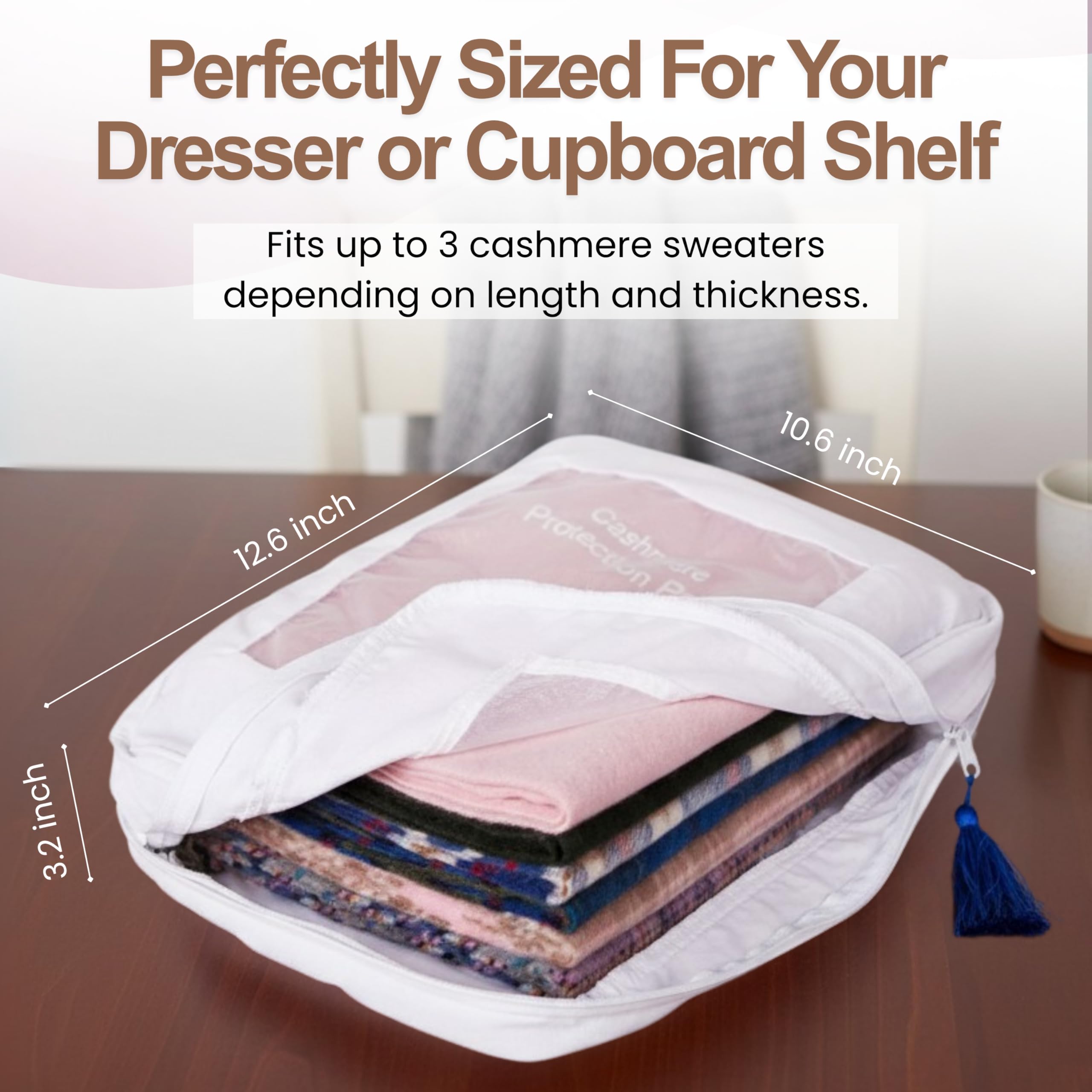 The Cashmere Choice bag shielding cashmere from dust and debris.