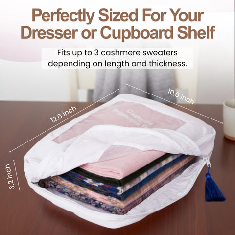 The Cashmere Choice bag shielding cashmere from dust and debris.