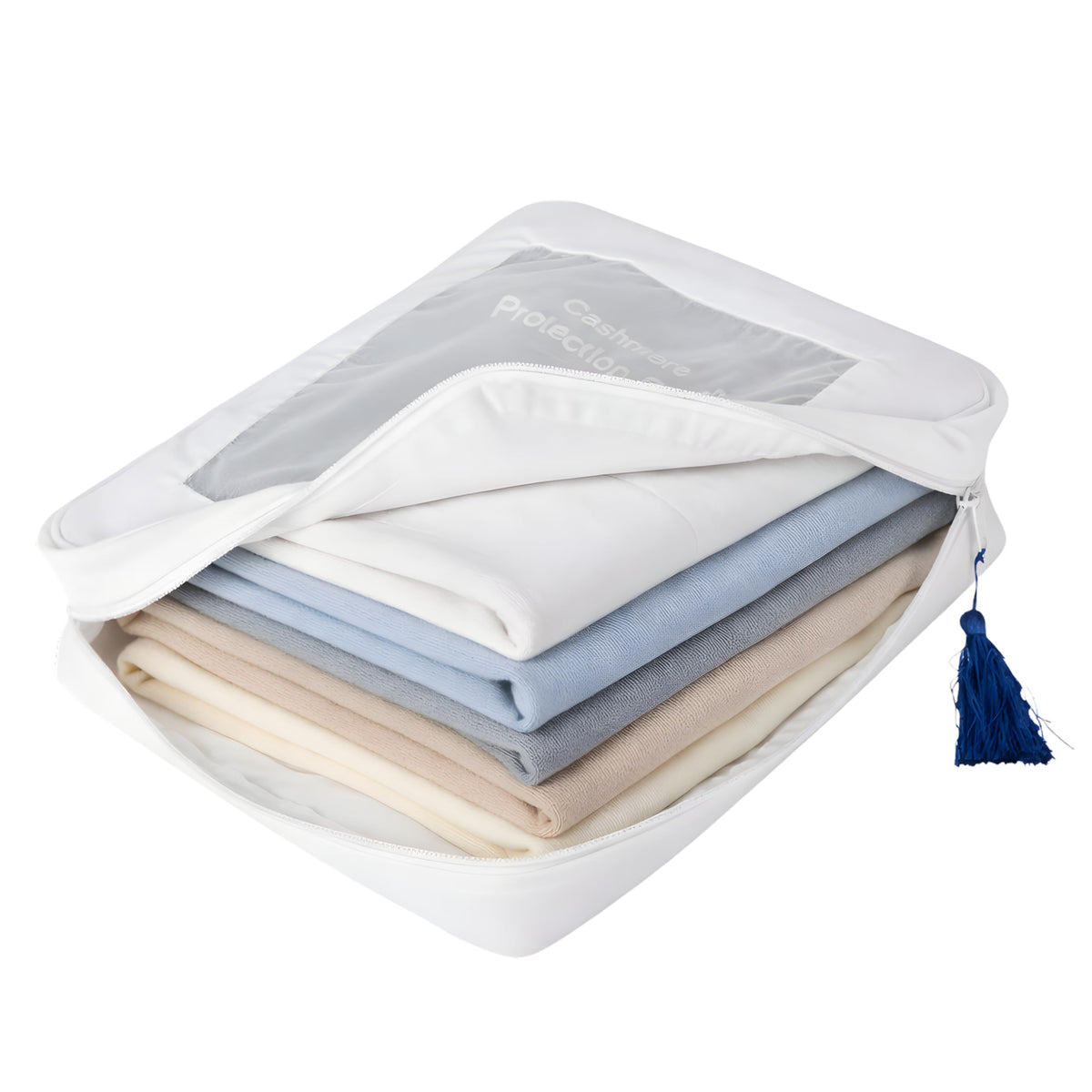 The Cashmere Choice XL storage bag open with zipper for easy access to bulky cashmere.