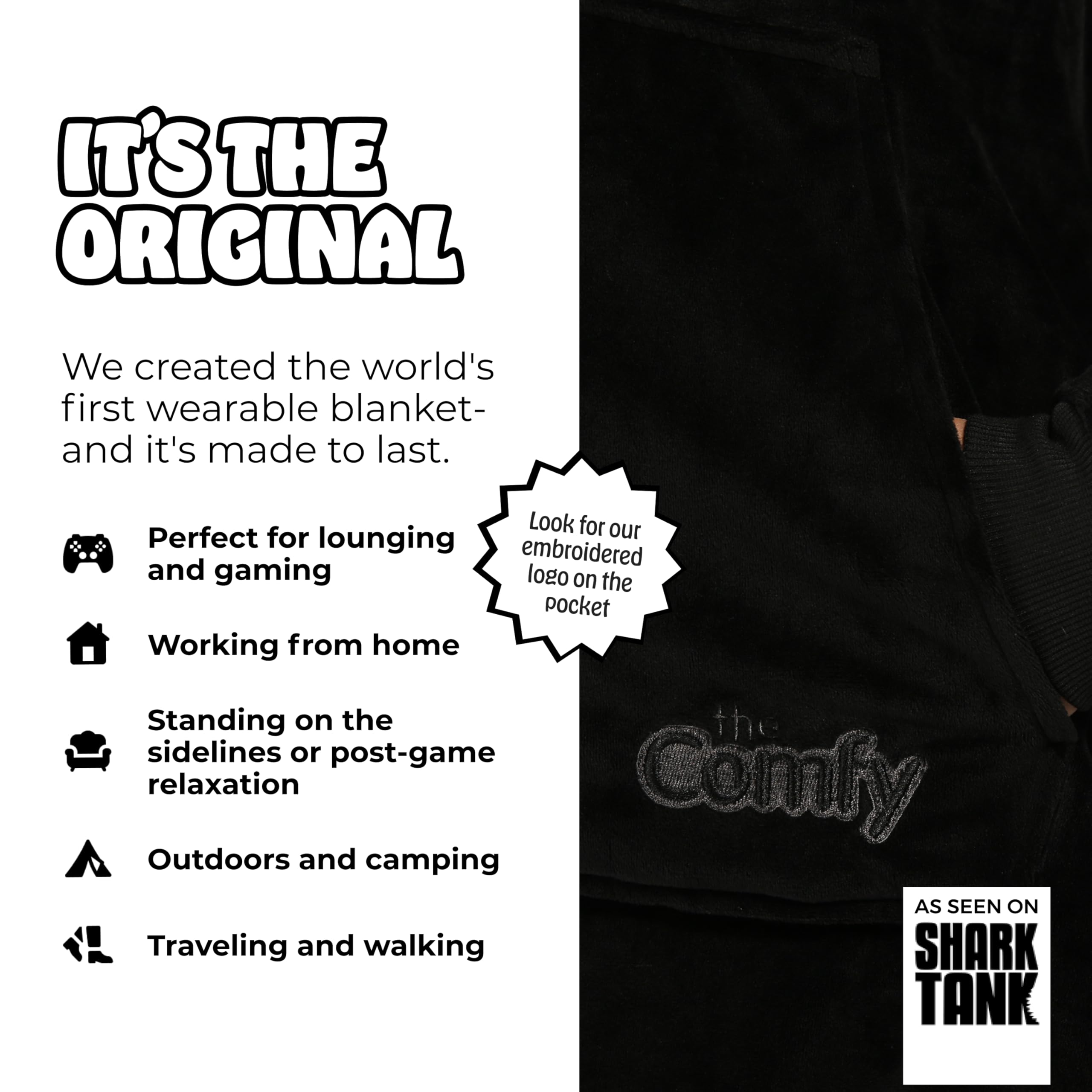 The Comfy Original hood and pocket in black illustrate hands-free warmth and convenient storage
