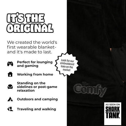 The Comfy Original hood and pocket in black illustrate hands-free warmth and convenient storage
