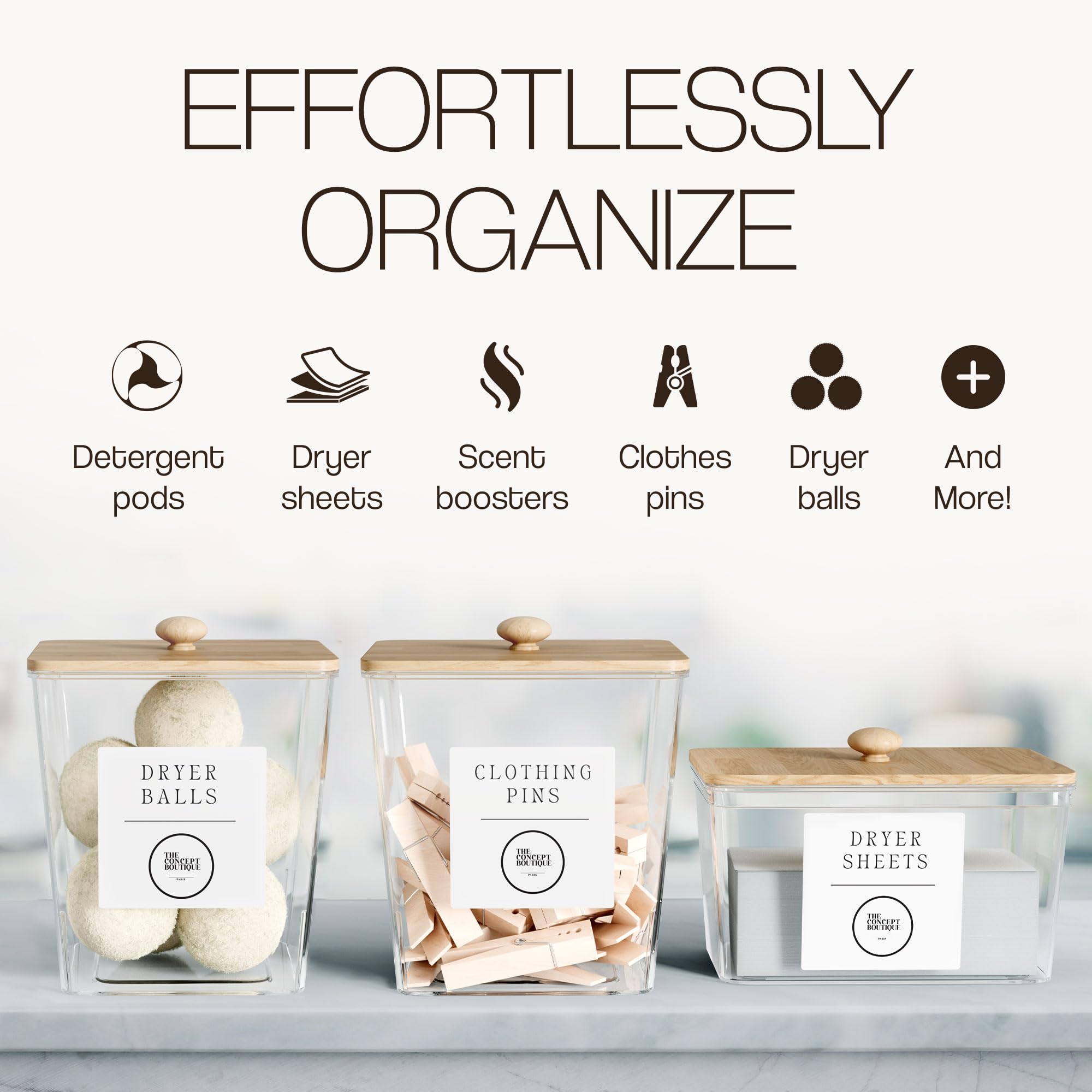 The Concept Boutique - Paris gold and wood knob jars elevate laundry room style.