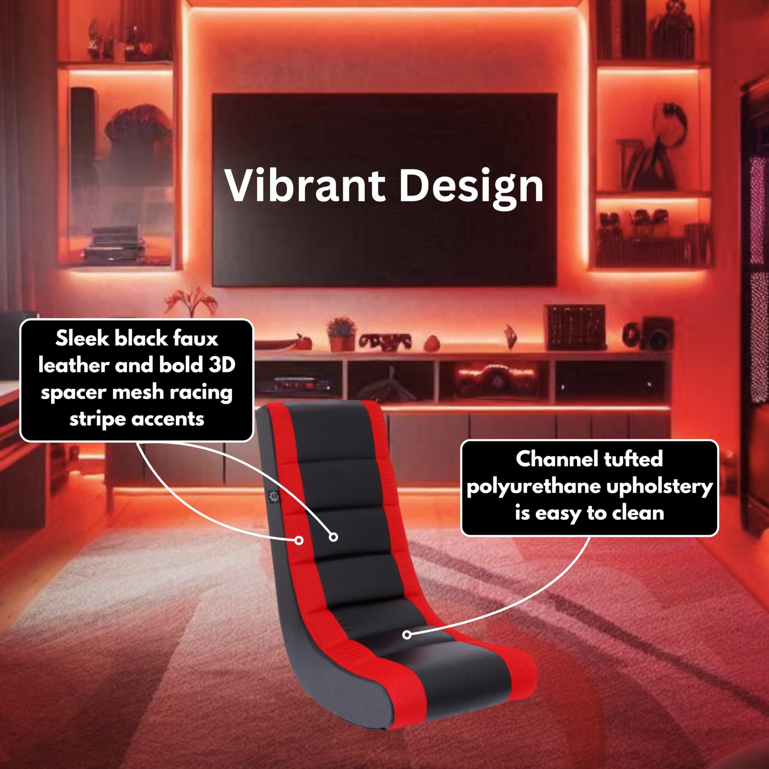 The Crew Furniture Classic Video Rocker back view emphasizes sturdy one-piece frame and durable materials.