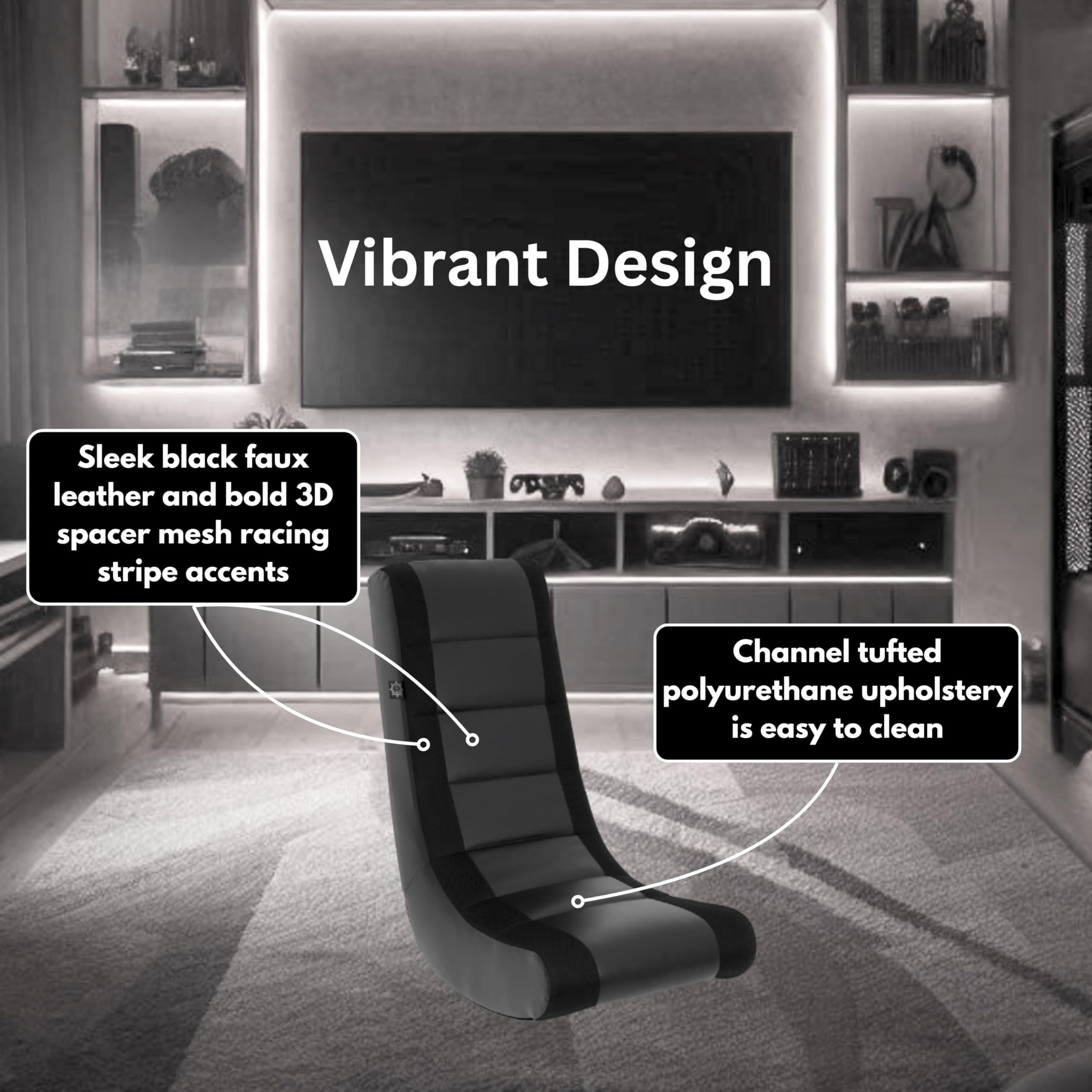The Crew Furniture Classic Video Rocker chair, ergonomic back, promotes comfortable posture.