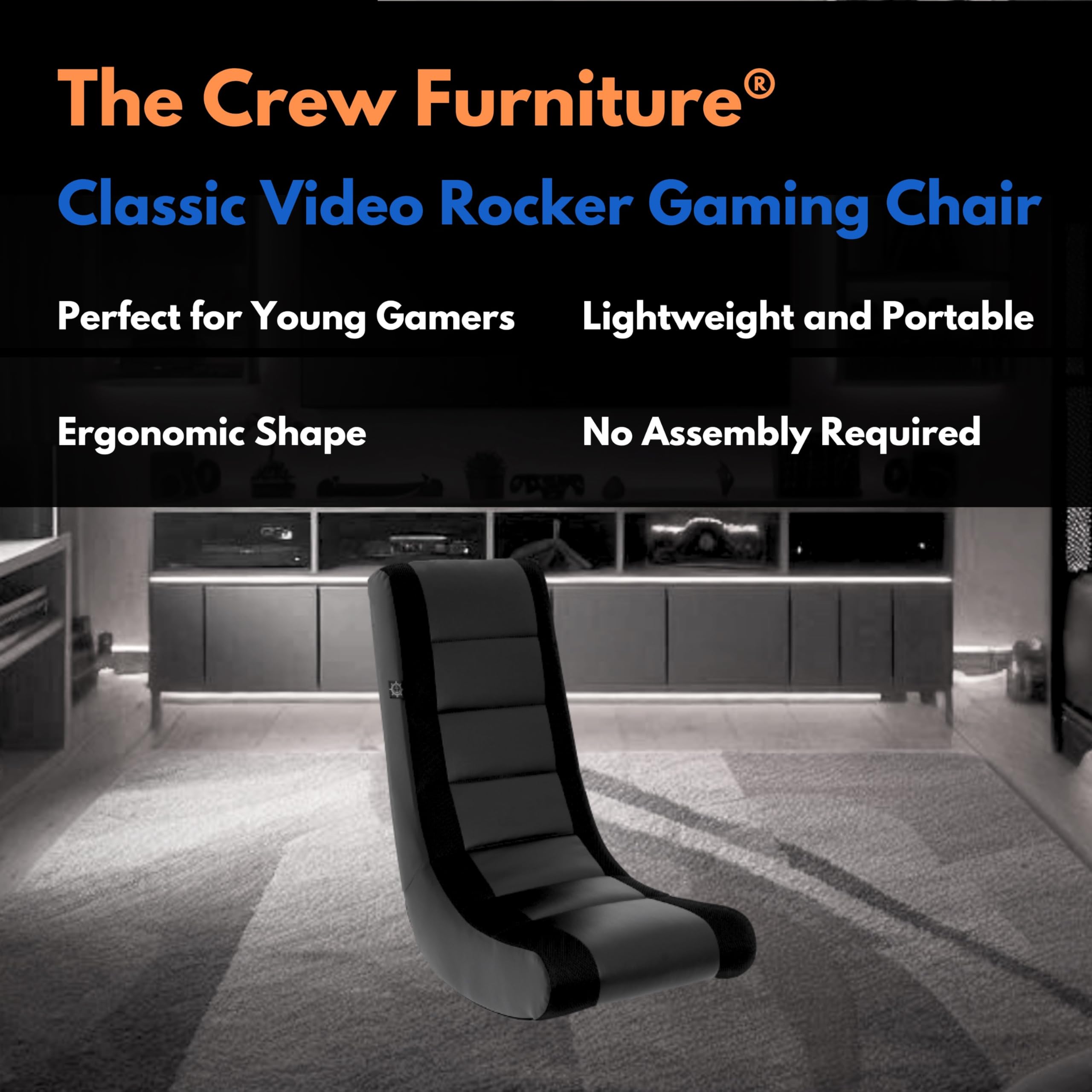 The Crew Furniture Classic Video Rocker chair, side view, supports posture during long sessions.