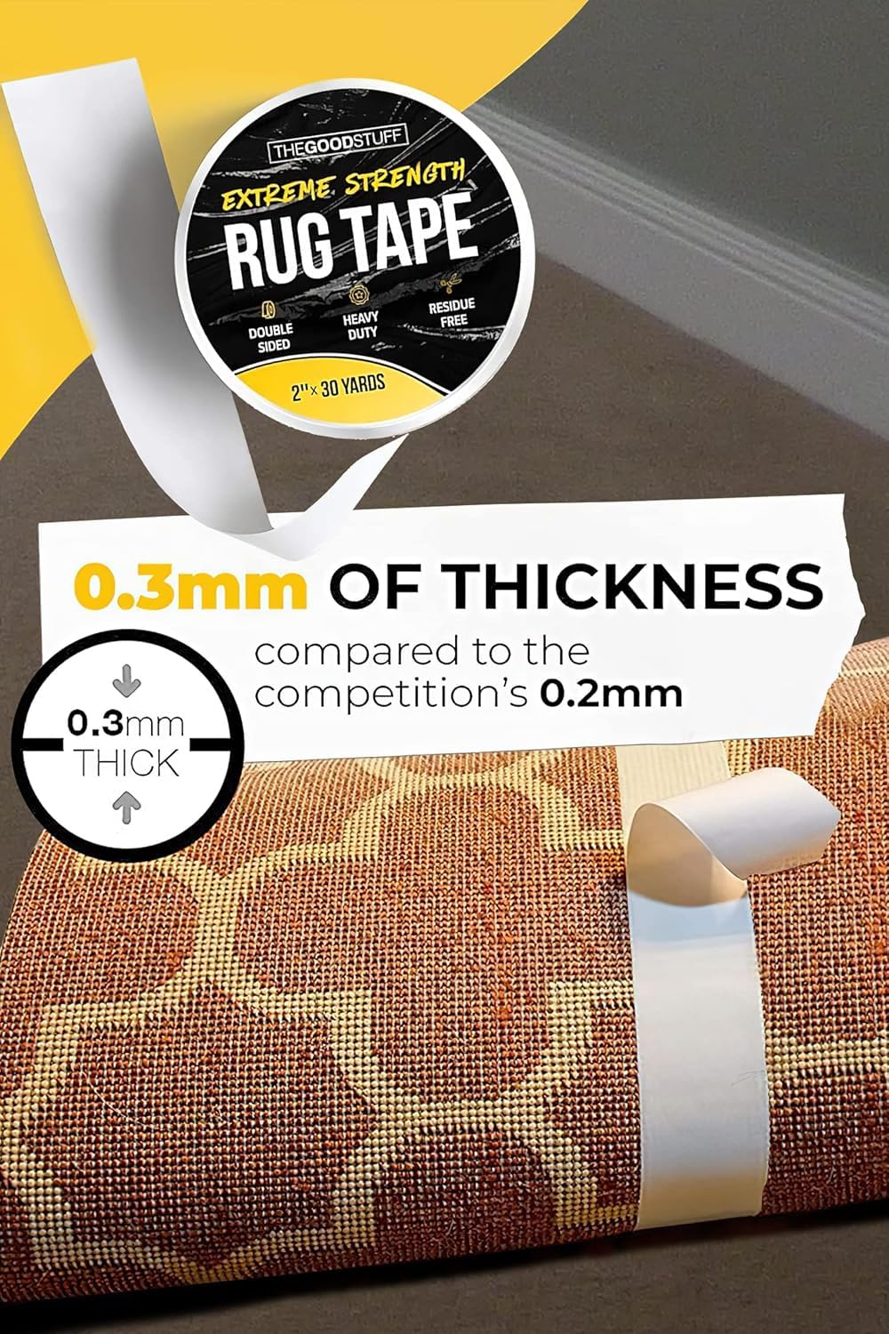 The Good Stuff rug tape with easy tear backing for quick measurement and placement