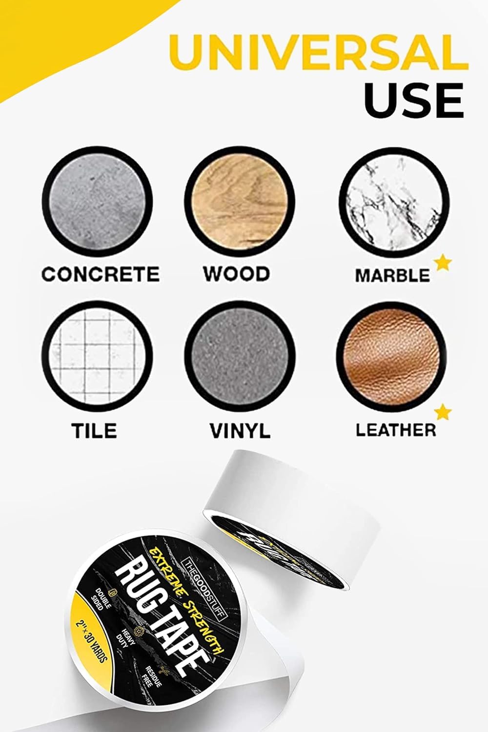 The Good Stuff rug tape works on tile floors for stable area rugs