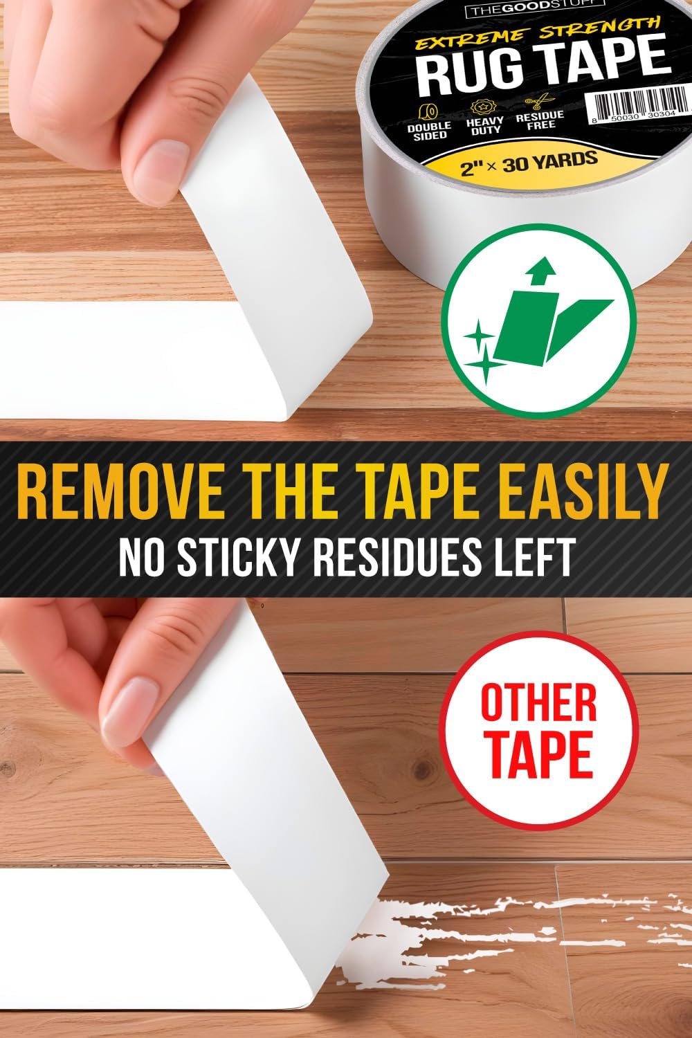 The Good Stuff rug tape adheres well to vinyl floors for steady protection