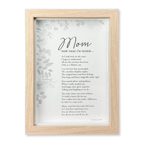 The Grandparent Gift Co. mom-now-that-im-older shadow box frame on a table with natural wood color