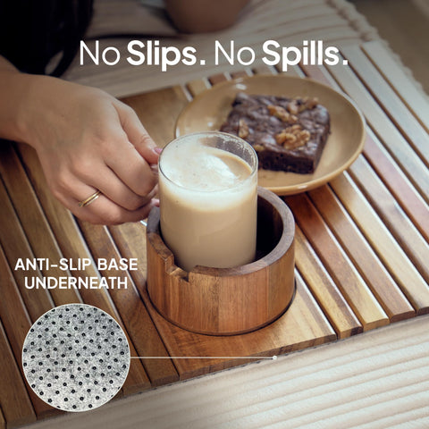 The Lazy Store Acacia anti-slip base steadies beverages on the arm.