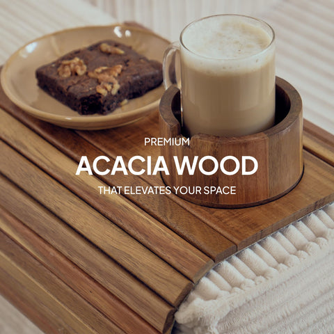 The Lazy Store Acacia armrest tray neatly organizes beverages and snacks.