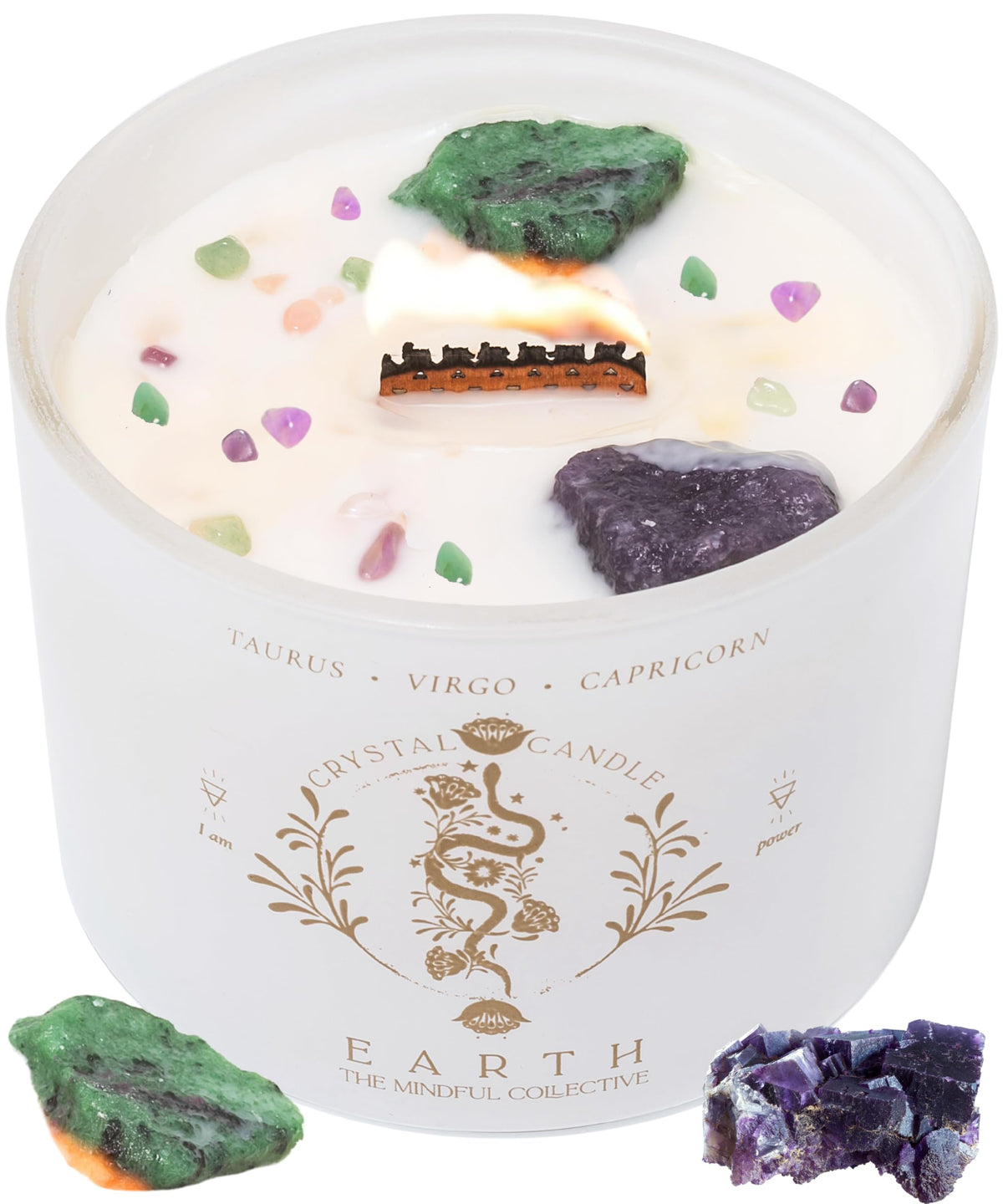 The Mindful Collective Taurus Virgo Capricorn crystal candle with crystals for focused serenity.
