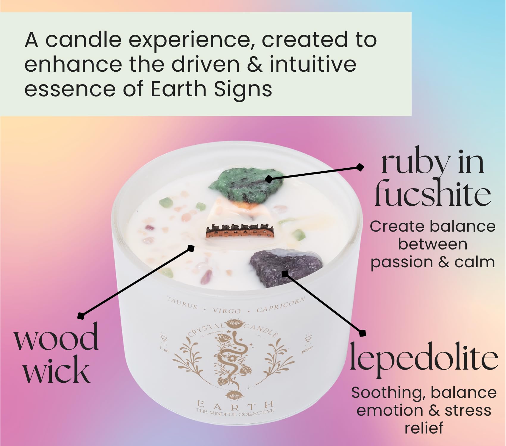 The Mindful Collective wood wick candle crackling to create a cozy, mindful atmosphere.