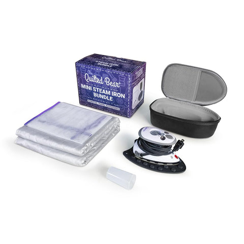 The Quilted Bear bundle overview displays a complete travel ironing solution.