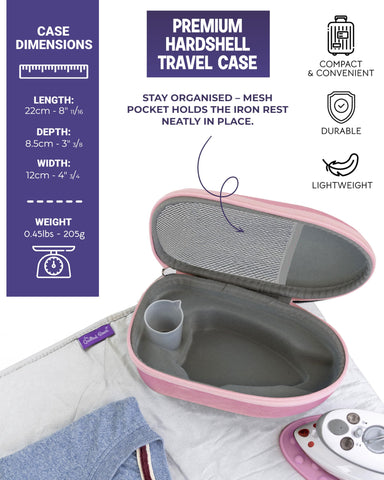 Dual voltage feature on Quilted Bear mini iron for worldwide use.