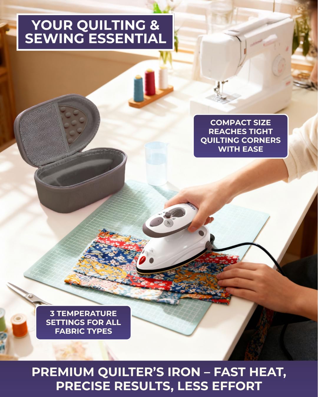 The Quilted Bear lightweight travel iron with water cup for easy filling.