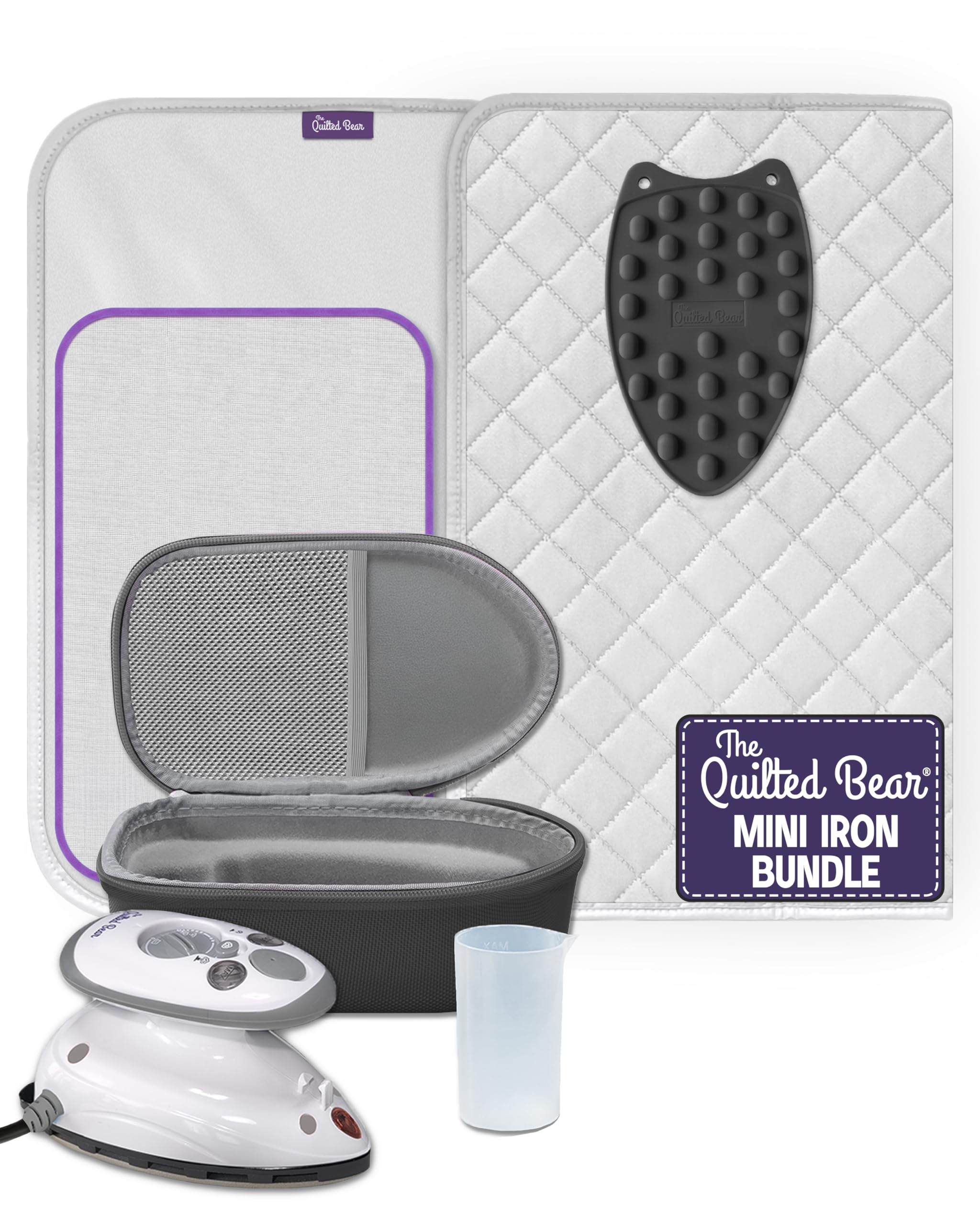 The Quilted Bear mini iron front view for quick on-the-go touch-ups.