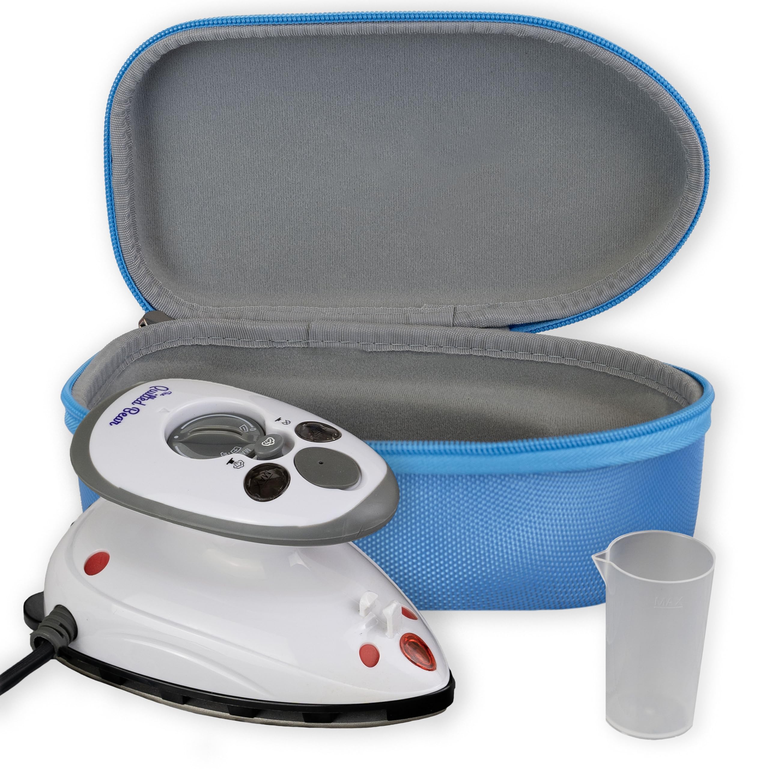 The Quilted Bear mini steam iron blue front view for portable quilting
