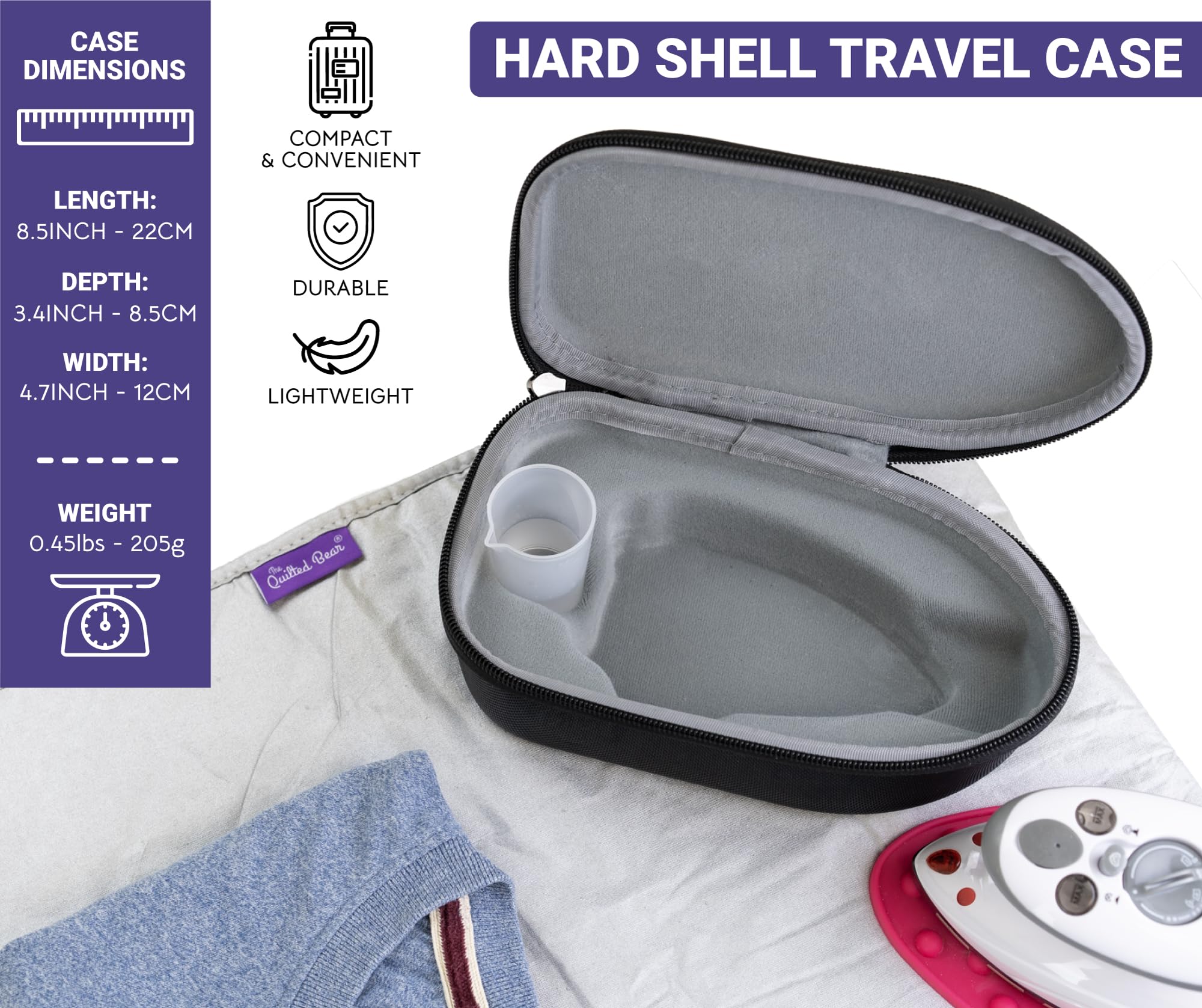 The fast heat-up mini iron tackles wrinkles and craft tasks quickly.