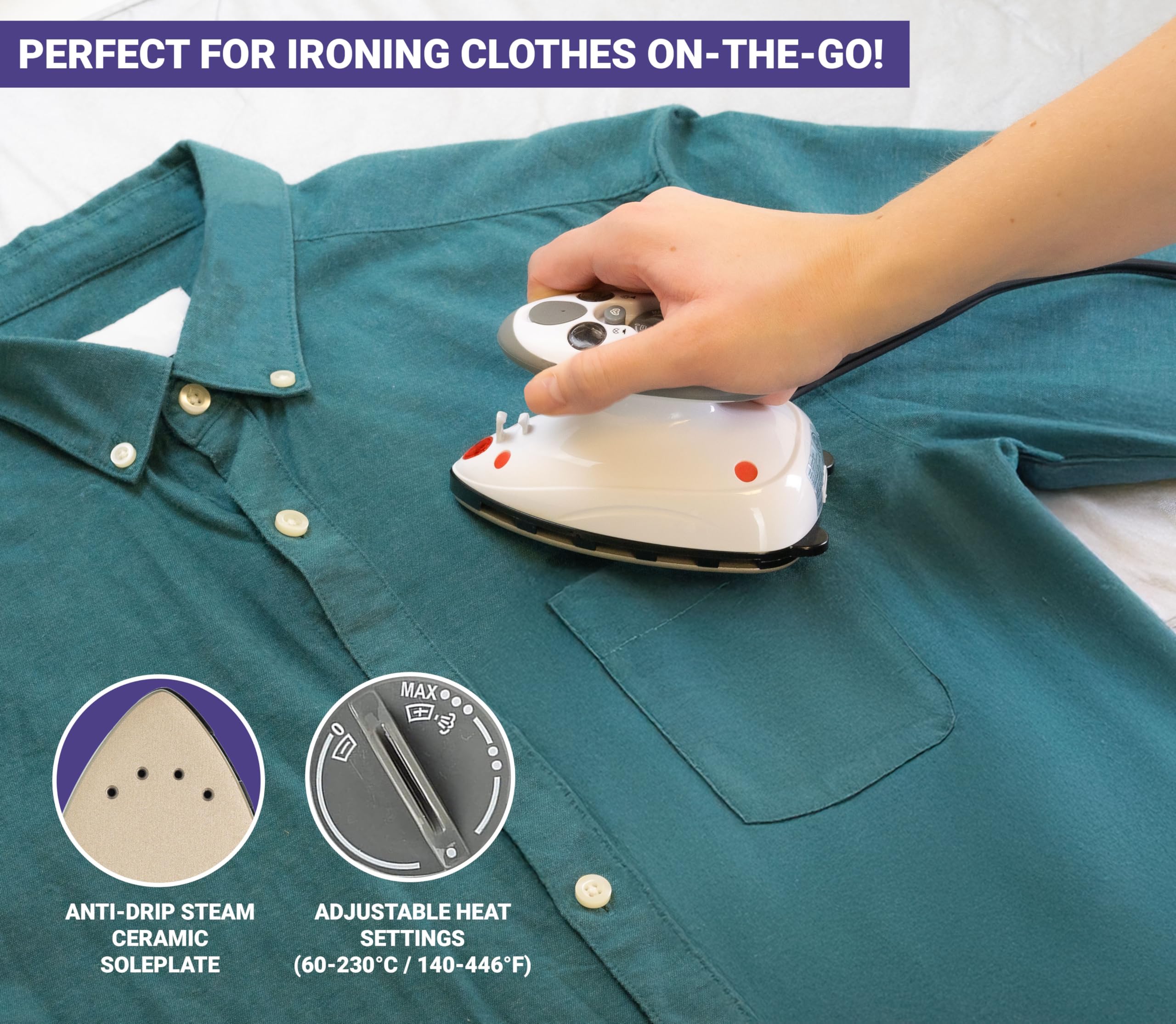 The Quilted Bear mini steam iron pressing a quilt block with precision