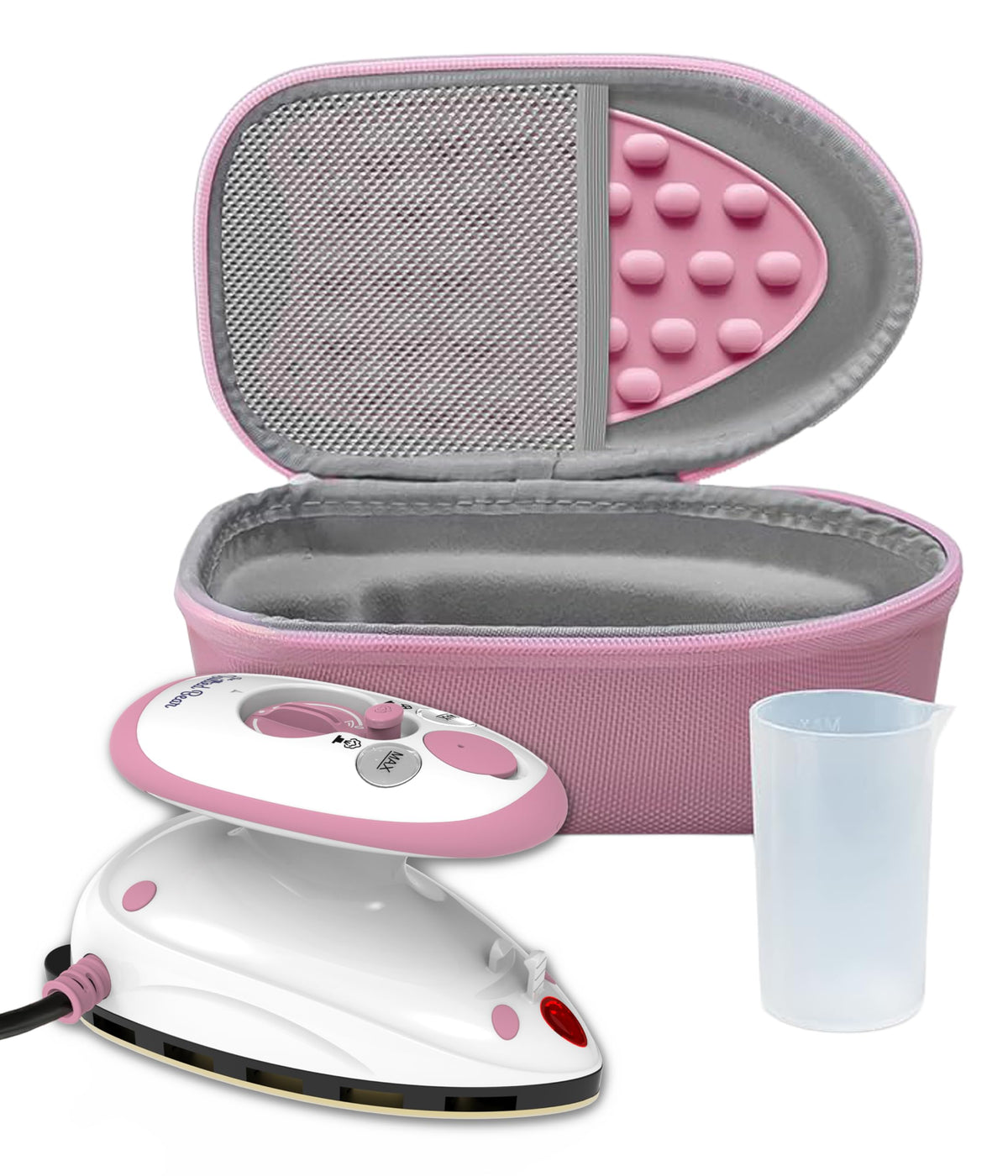 The Quilted Bear Premium Mini Steam Iron close-up in pink for precise seam pressing.