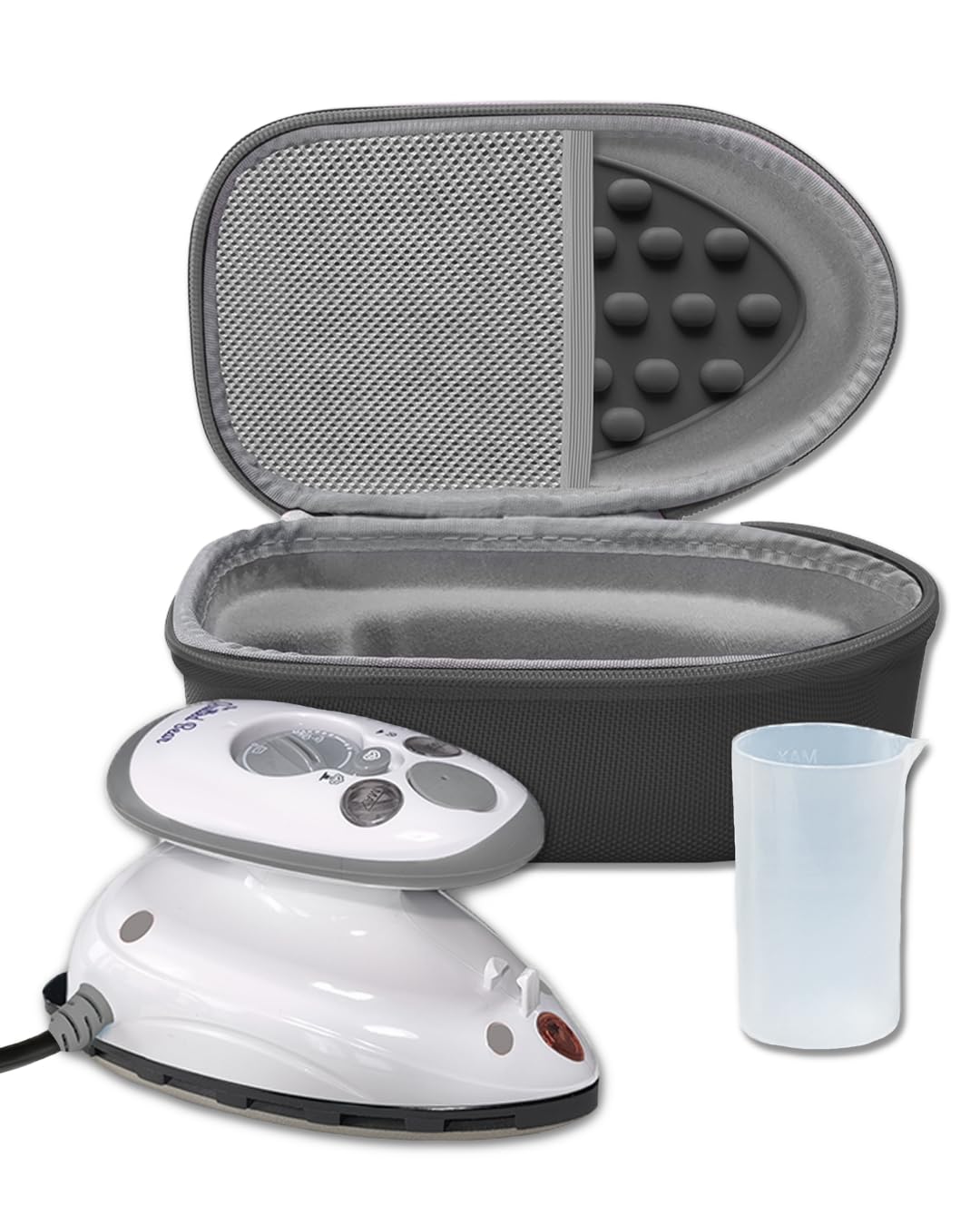 The Quilted Bear premium mini steam iron shown with compact design for on-the-go quilting.