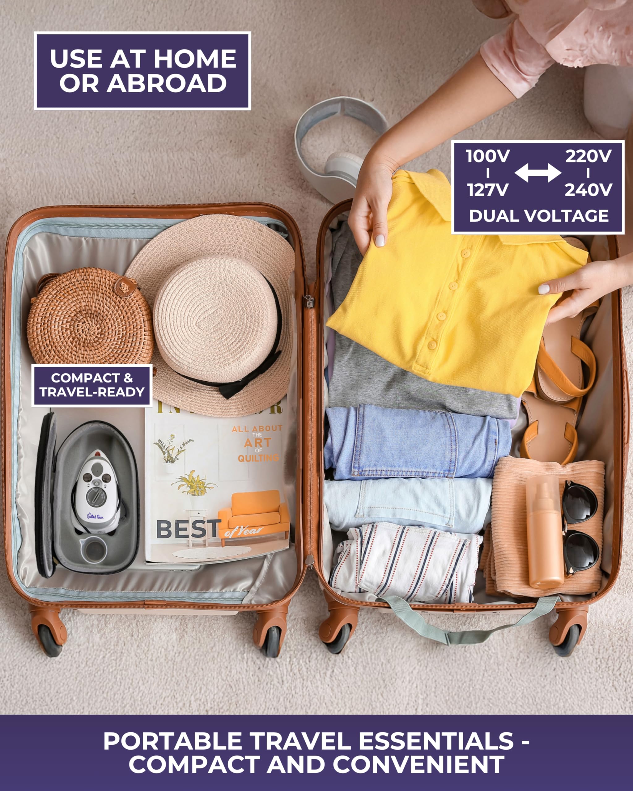 Pink travel-case-ready iron resting on included accessory for convenience.