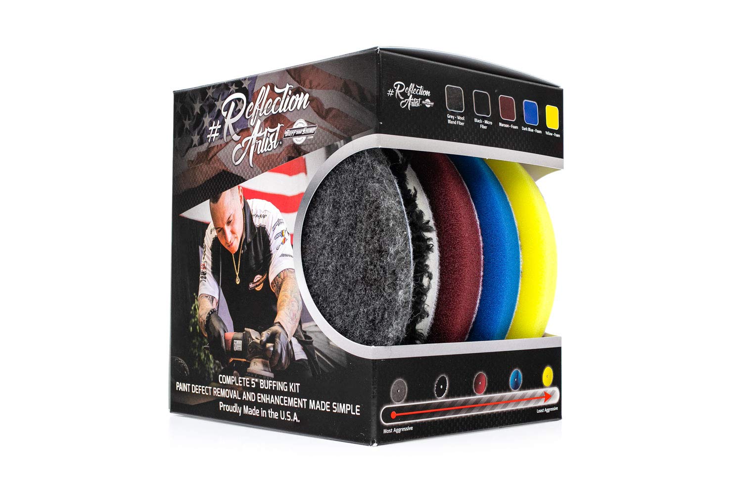 The Rag Company Reflection Artist kit open box shows a complete buffing setup