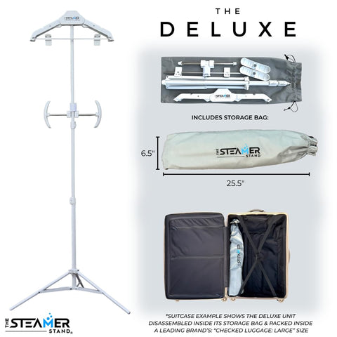 The Steamer Stand Deluxe fully extended height for long garments.