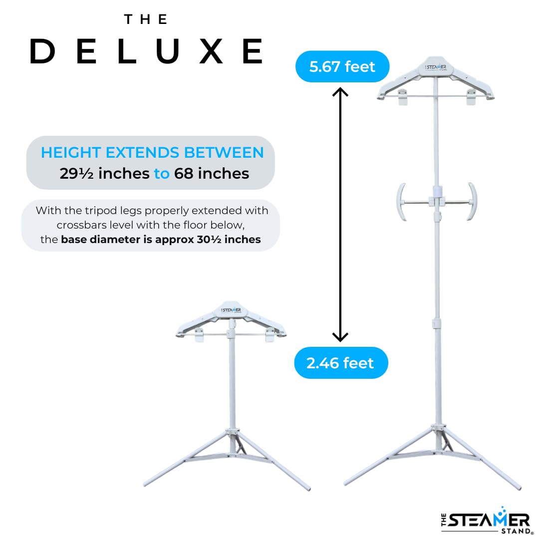 The Steamer Stand Deluxe 3-way hanger head provides versatile garment support.