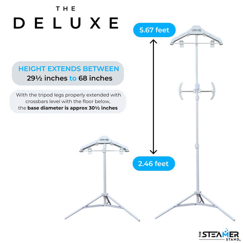 The Steamer Stand Deluxe 3-way hanger head provides versatile garment support.