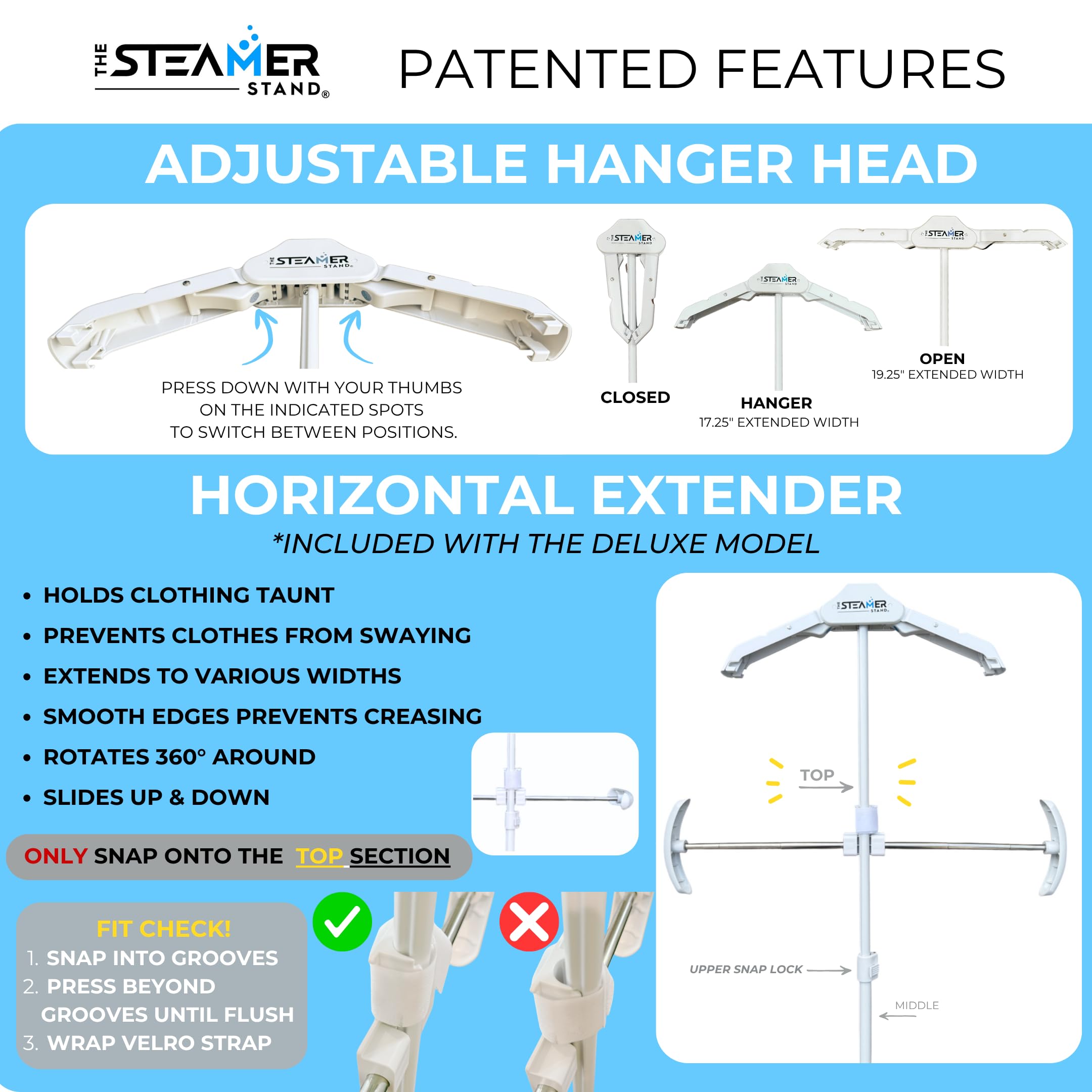 The Steamer Stand Deluxe horizontal extender widens fabric for even steaming.