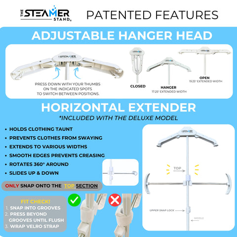 The Steamer Stand Deluxe horizontal extender widens fabric for even steaming.