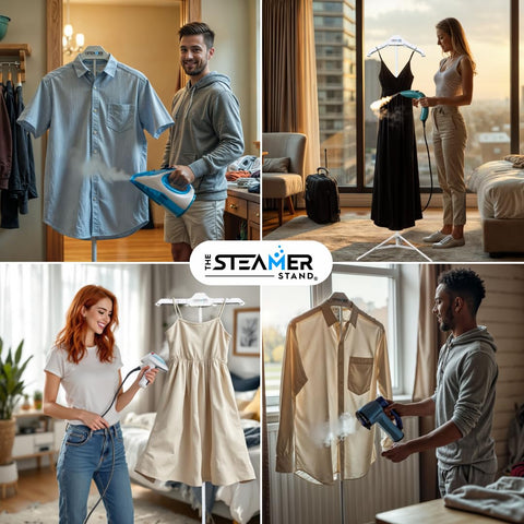The Steamer Stand Deluxe removable clip guide secures pants and delicates.