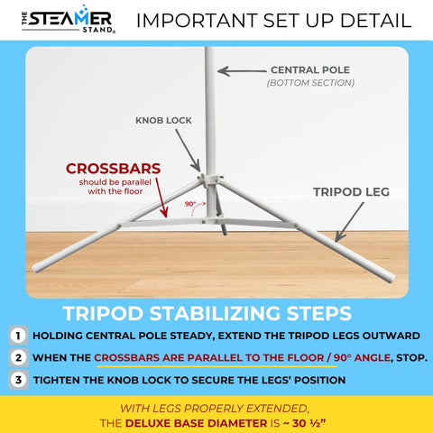 The Steamer Stand Deluxe tool-free setup saves time.